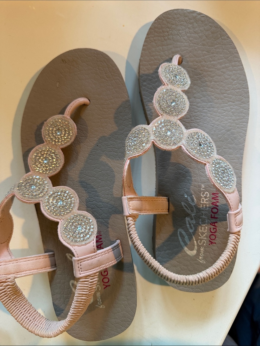 Skechers Pink Jeweled T-Strap Yoga Foam Sandals